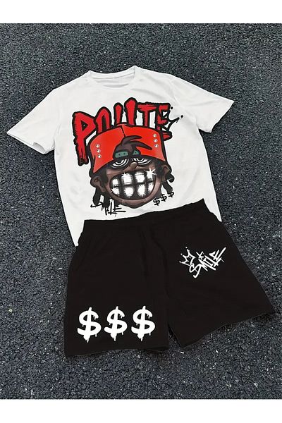 AEMİ Unisex Smile Printed Oversize T-Shirt Shorts Set