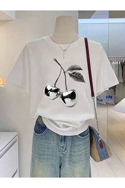 FUFLUNS Metal Cherry Printed Oversize Crew Neck T-Shirt