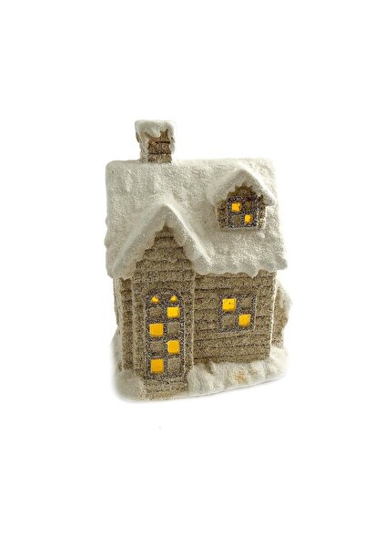 JollyMag Decoratiune iarna, ceramica, casa cu ferestre luminate, alb si bej, ...