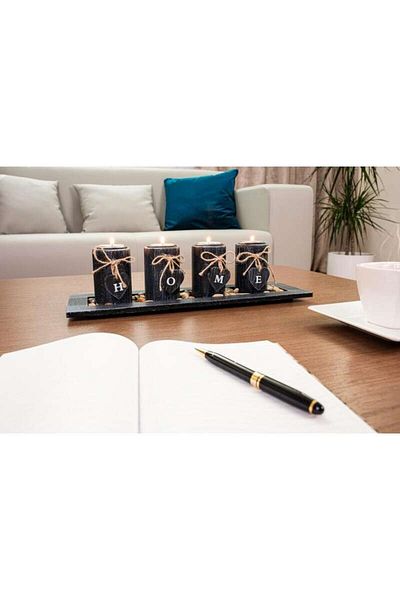 JollyMag Suport 4 lumanari, model HOME, lemn si pietre naturale, negru, 39x12.5x10 cm, Magic Home