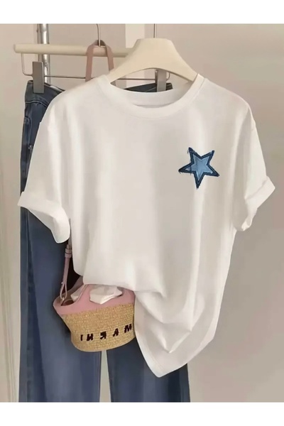 FUFLUNS تي شيرت برقبة دائرية كبيرة الحجم مطبوع عليه نجمة زرقاء