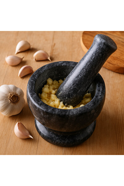 CEZVE HOME Mermer Havan Seti Büyük Sarımsak Havanı -Siyah