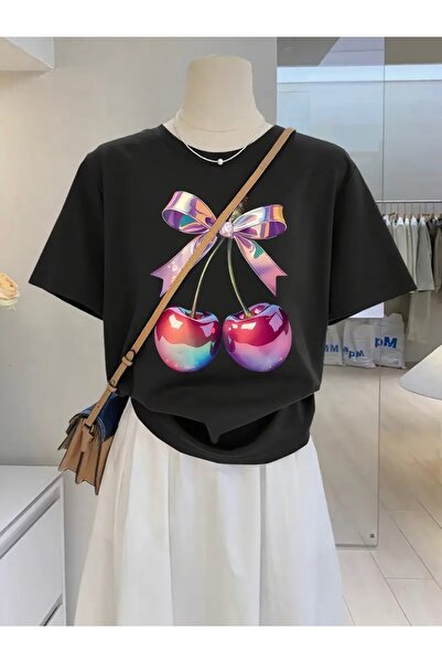 FUFLUNS TRICOU OVERSIZE CU IMPRIMEU METALIC DE CIREȘE