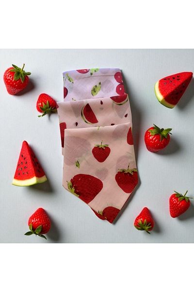 ALS Tasarım Dünyası Watermelon, Strawberry and Cherry Patterned 3-Piece 100% Cotton Bandana, Hair Band on White Color Background