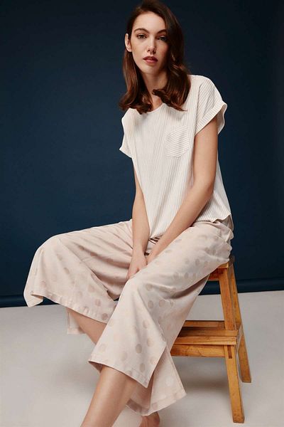 Bonnie Clyde Beige Elegant Striped Top Loose Bottom Slit Basic Pajama Set 2-Piece Boxed - Beige - Sreia30N01B1Gpec-Beige