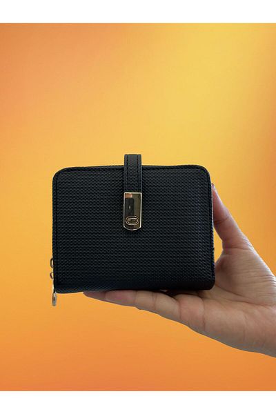 shiny ever Small Size Women's Wallet Textured Black Gold Detailed