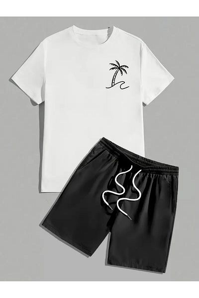 AEMİ Men's Palm Printed Oversize T-Shirt Shorts Set