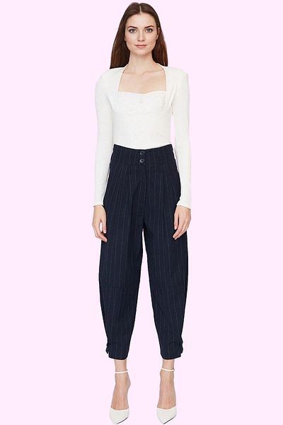 PayBuy Women's High Waist Striped Patterned Woven Trousers Crepe Fabric Business and Daily Durable Material
