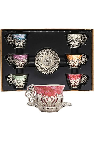 E orient 12 Piece Turkish Greek Arabic Coffee Espresso Cup Saucer Porcelain Set (Silver)