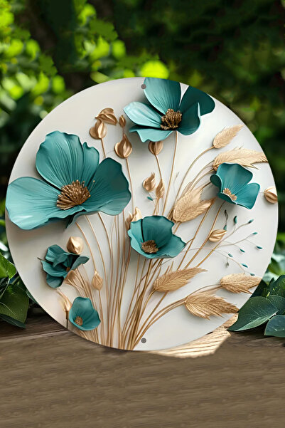 kutuTR 🌸 Dekoratif UV Baskılı 3D GÜRÜNÜMLÜ MDF Duvar Süsü – Turkuaz Çiçek De...