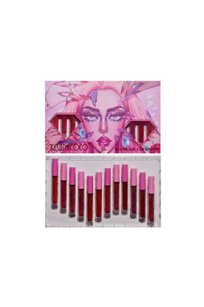 Flo Set 12 Lip Gloss, Rosu si Rose, Cutie Dreptunghiulara, Multicolor