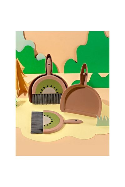 Flo Mini Broom and Dustpan Set, Household Use, for Office, Kitchen, Home, Kiwi Pattern, Brown-Green