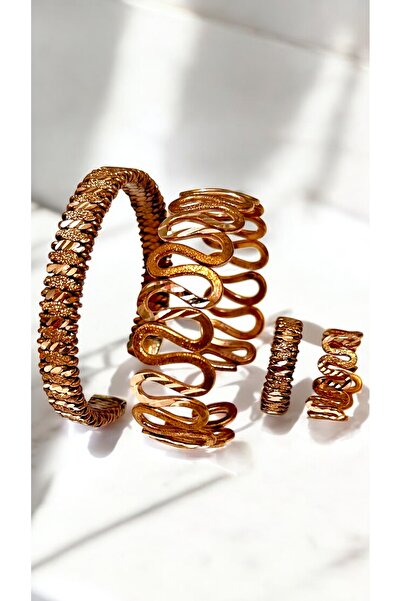 gulflower nude Bakir bileklik 4 LÜ bakır birlik 2 yüzük 2 bilezik el yapımı