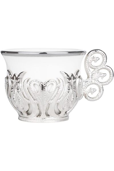 E orient Turkish Coffee Cup Set, Turkish Motif White Porcelain and Zinc Metal, 6 Cups and Saucers (Silver)