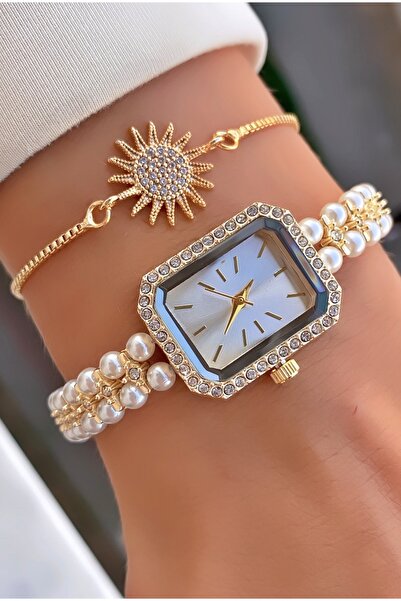 Merand مجموعة ساعة يد نسائية مستطيلة الشكل وسوار من الحجر الشمسي - ذهبي مع تفاصيل لؤلؤية