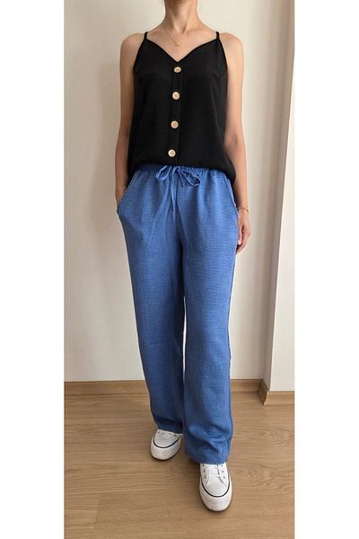 EKAY Sofia Linen Loose Cut Trousers with Elastic Waist and Lace Detail