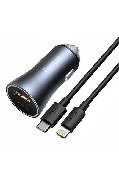 Baseus Car Charger USB, Type-C, 40W + Lightning Cable, Dark Gray