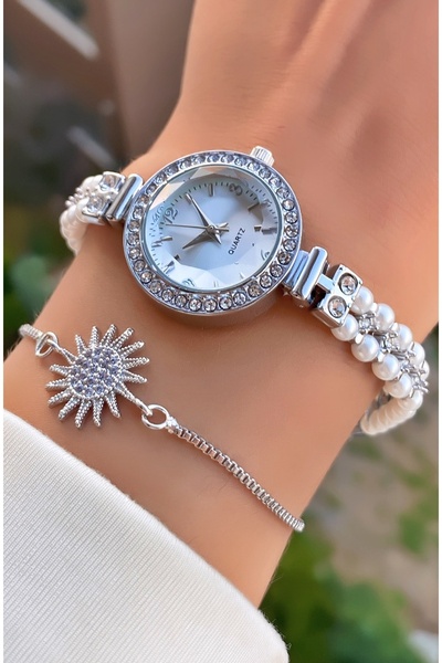 Merand Women's Pearl Detailed Stone Wristwatch & Sun Figured Bracelet Combination Set – Silver
