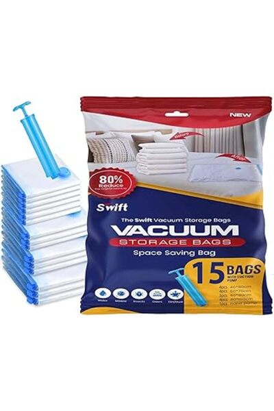 The Bros عبوة من 15 كيس تخزين مفرغ من الهواء مع مضخة - أكياس ضغط قابلة لإعادة...