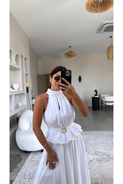 Buket Teke Beyaz Premium Gold Detaylı Etek Bluz Takım