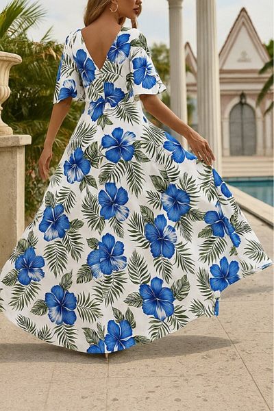 Masspera Rochie maxi cu decolteu în V, cu mâneci scurte, cu imprimeu floral