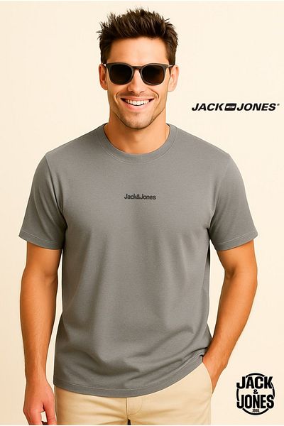 Jack & Jones J&J JJMINE Tricou cu imprimeu cu logo-ul din spate pentru bărbați Ultimate Grey A3333