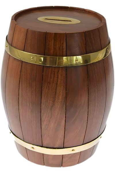 Wolawood Special Production Brass Pedestal Wooden Mini Barrel Piggy Bank Vintage Antique Style Decorative Gift Design