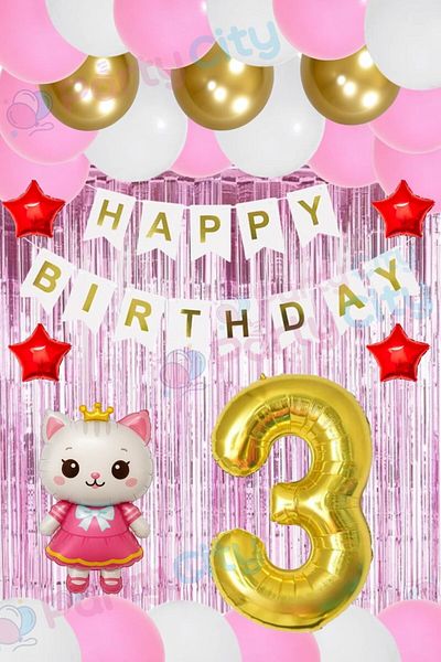 Party City 3 Year Old Girl's Birthday Set – Hello Kitty Themed Balloon and Background Decoration