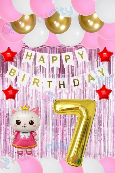 Party City Set de aniversare pentru fetiță de 7 ani – balon cu tematică Hello Kitty și decor de fundal