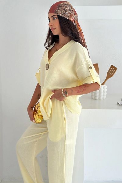 Meine Liebe Unterwäsche Women's Yellow Oversize Muslin Set – Comfortable Double Combination with Button Detail
