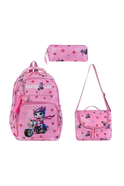 Baginn Primary School Girl's Bag Set of 3 Cute Cat 40*30 cm Lunch Box Pencil Case Cute Cat