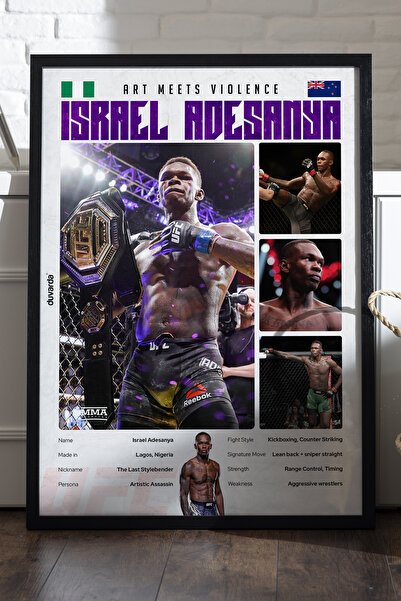 UFC Israel Adesanya Siyah Ahşap Çerçeveli Poster, Dekoratif Dövüş Duvar Tablosu