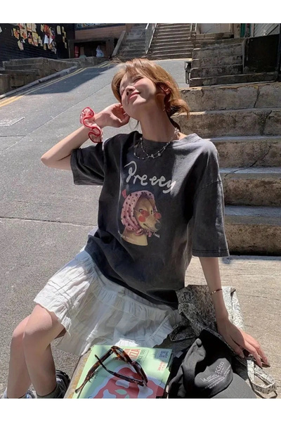 Violon Y2k ρετρό εμπριμέ πλενόμενο Vintage Unisex Oversize T-shirt