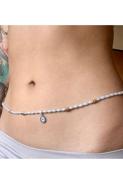 Bohem Shop Blue Gold Gold Waist Chain Belt with Fish, Evil Eye Summer Beach Accessory Alacati Style, Necklace