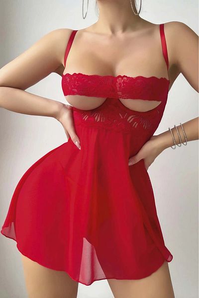 Bleu Petite Decolleté Transparent Tulle Nightdress Thong Set