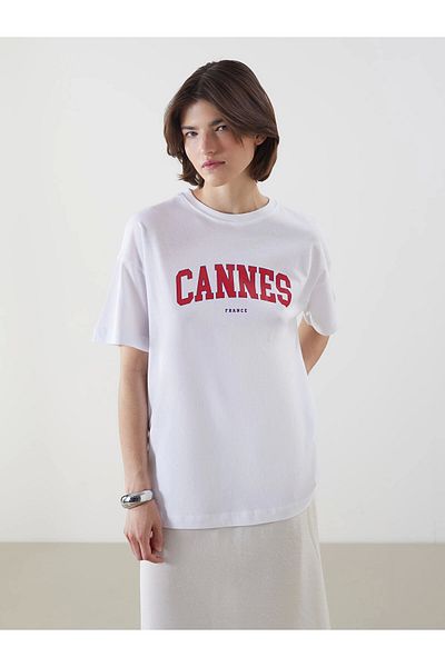 LC Waikiki Lcw vision white cannes Printed Oversized women's t-shirt