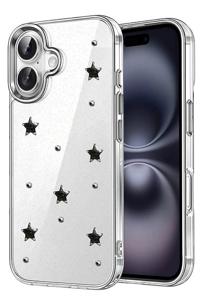 cepmoda iPhone "16 Plus" Case "Black Star" Pattern Luxury Camera Protruding 3D Epoxy Transparent Cover |   No:8