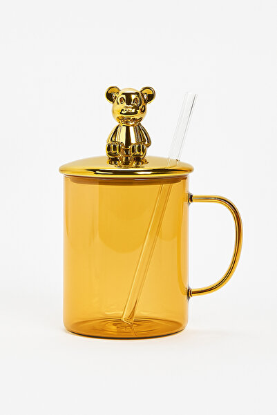 Two Two كوب على شكل دمية دب ذهبية - كوب مع غطاء وقش - كوب بغطاء على شكل دمية دب صفراء