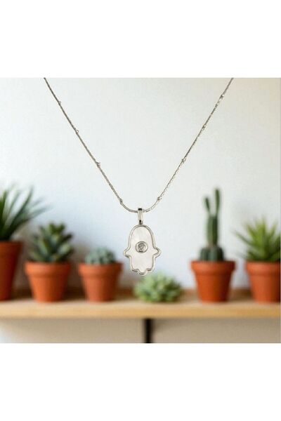 AKSESUARIM قلادة نسائية من حجر الزركون فاطمة اليد الأم من الفولاذ