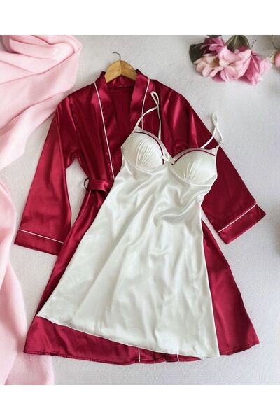 cdh çeyize dair herşey 2 Piece Burgundy Laurel Women's Satin Nightgown Dressing Gown Dowry Set