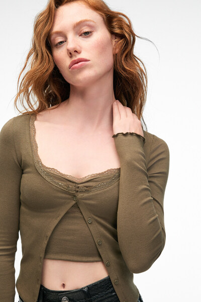 GRIMELANGE Elvura women's stretch fabric button-up blouse and tank top two-piece set - khaki blouse