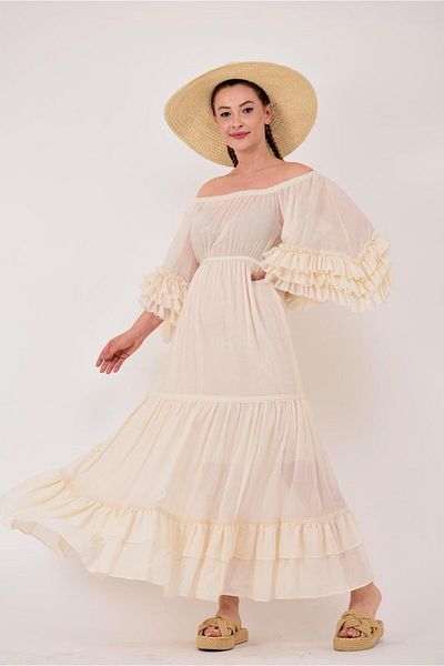 EREN STYLE Bohemian Madonna Collar Cindy Ruffle Raw Dress