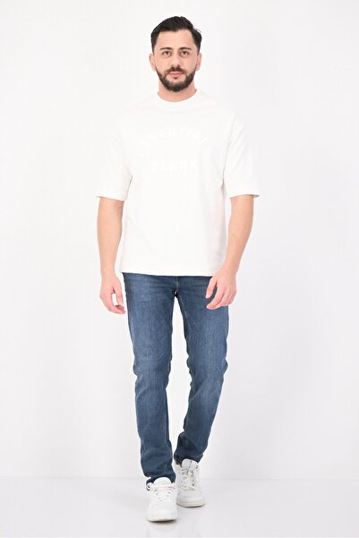 BLANK ESSENTIALS Men Crew Neck Short Sleeves Embroidered Logo T-Shirt, Off White