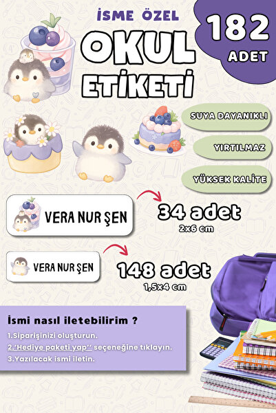 Hume Craft 182 Adet Sevimli Penguen Temalı İsme Özel Okul Etiketi Kalem ve De...