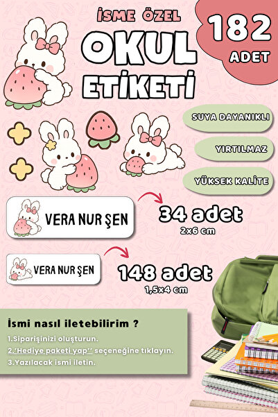 Hume Craft 182 Adet Okul Etiketi Kalem Defter Etiketi Sevimli Tavşan / Sanrio...