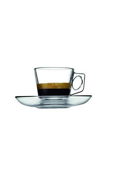 JollyMag Set cesti de cafea, Pasabahce 97301, 12 piese, 6 cesti si 6 farfurioare, sticla, 80 ml