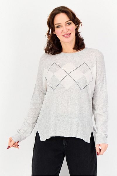Tchibo Women Round Neck Argyle Sweater, Grey