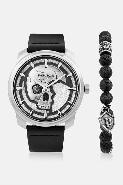Police Men PL-15714JS-04 Leather Analog Watch 45 mm With Bracelet, Black