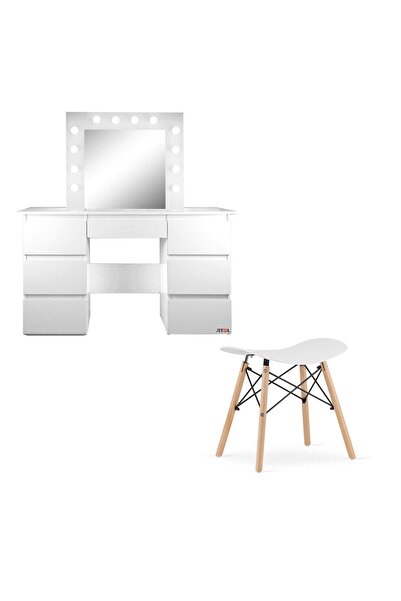 JollyMag Masa de toaleta/machiaj + Taburet Korfu, alba, cu oglinda si LED-uri...