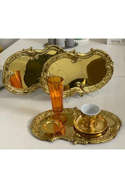 SEVA ÇELİK Steel Gold Color 3 Pieces Embroidered Lace Pattern Artnova Serving Tray Presentation
